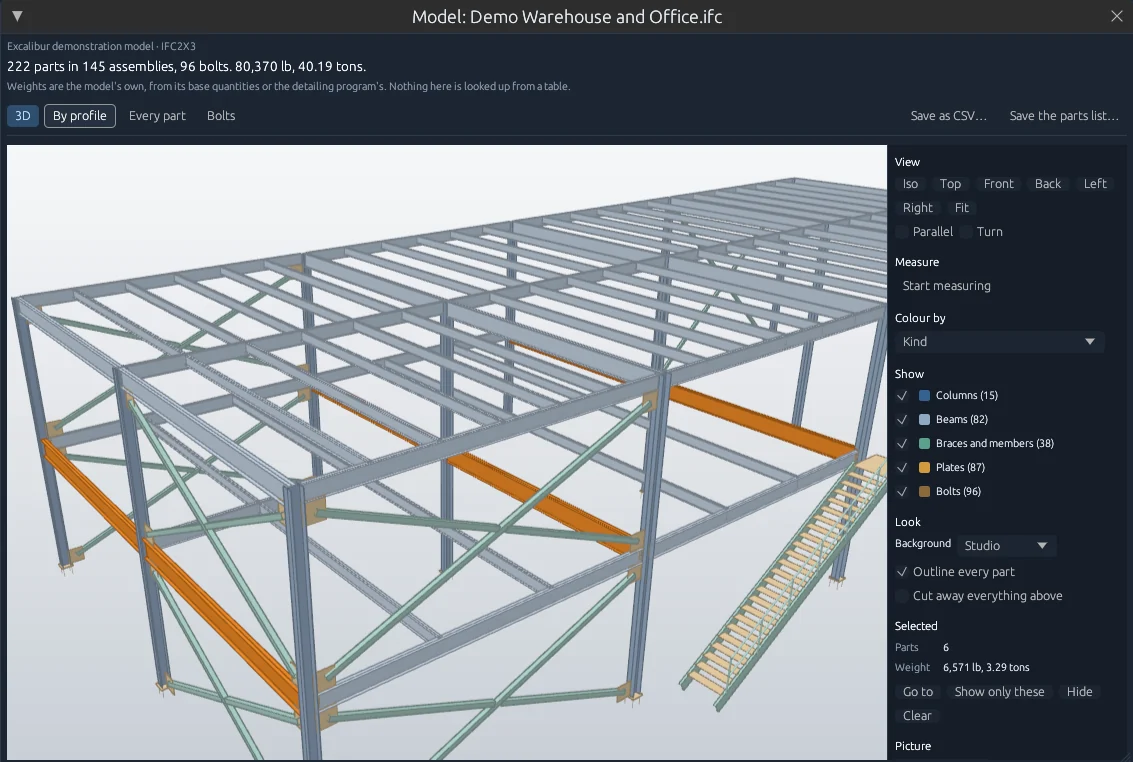 A two-storey steel frame open in Excalibur View's 3D tab, six girders picked from the tonnage table lit up in orange.