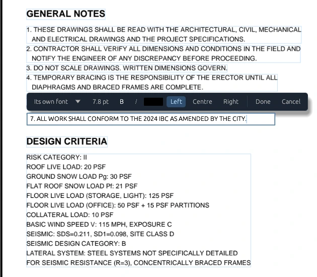 Edit Text on a general notes sheet: every paragraph outlined, and note 7 being retyped in place with the strip above it for font, size, bold, italic, colour and alignment, and Done or Cancel.