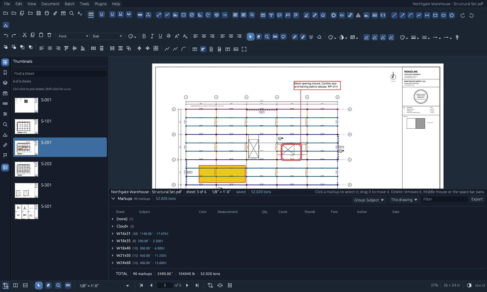 The markups list open under the framing plan, grouped by shape: W16x31, 38 pieces, 1,140 feet, 17.670 tons, down to a total of 90 markups, 2,490 feet, 104,040 lb and 52.020 tons.