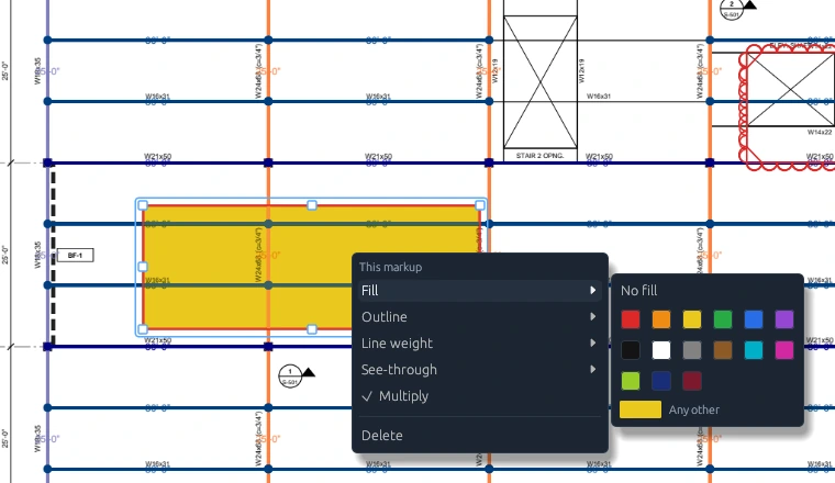 A yellow box over one bay of a framing plan with Multiply ticked in its right-click menu, the fill colours open beside it, and the beams and their labels still showing through the yellow.