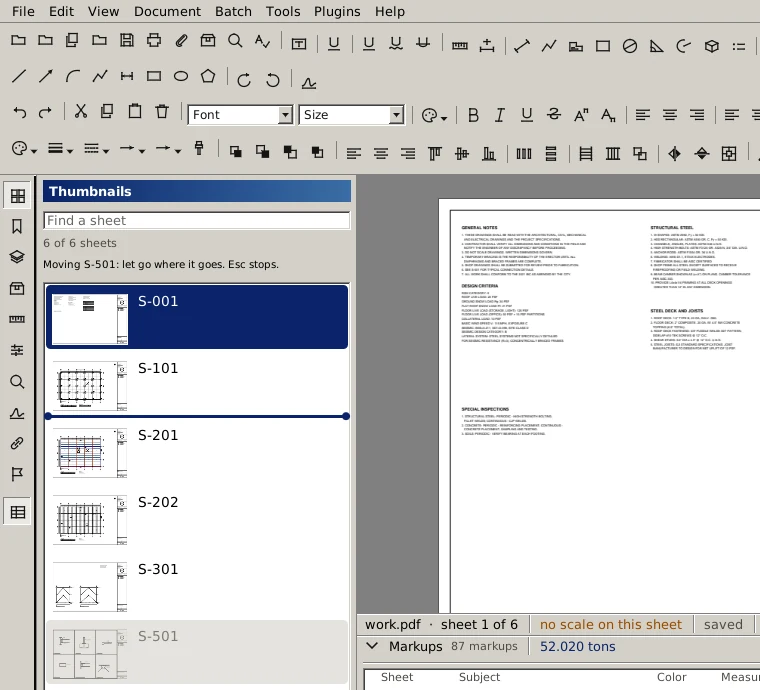 Excalibur View in the Classic look, grey with raised toolbar buttons and a navy Thumbnails title, while sheet S-501 is being dragged up the list and a navy bar shows it will land between S-101 and S-201.